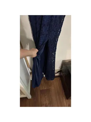 FLAW Juniors Maniju Navy Lace Evening Gown Mermaid High Slit Peekaboo Cut Out thumbnail 5