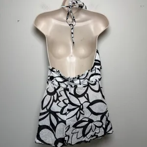 VTG y2k BCX Women Halter Neck Babydoll Top Large White Cotton Black Floral Party thumbnail 6