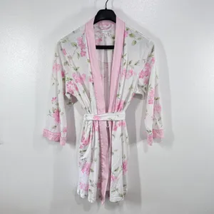 Pink Floral‎ Bath Robe Womens XL Cotton Blend Kimono Style Lightweight Belted thumbnail 2