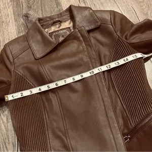 My Tribe Leather Moto Jacket Brown Full Zip Asymmetric Hem Biker Rocker XS Y2K thumbnail 15
