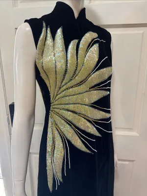 Unbranded Vintage 80s Beaded Soft Velvet Dress, Starburst Sequin Gown thumbnail 12