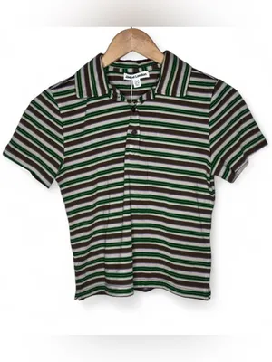 NEW Jaded London Mila Striped Short Sleeve Polo Shirt in Green Multi thumbnail 2