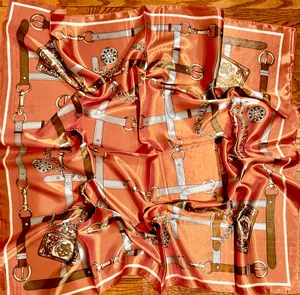 Vintage Equestrian horsebit&chain print oversized hand rolled silky Scarf 35/35 thumbnail 1