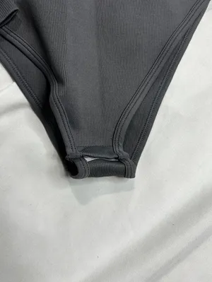OQQ Ribbed Long Sleeve Square Neck Bodysuit Grey Size S thumbnail 4