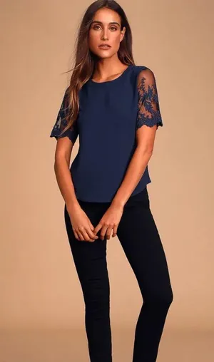 Navy Embroidered Sleeve Top thumbnail 1