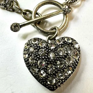 Silver tone bracelet with rhinestone heart charm thumbnail 3