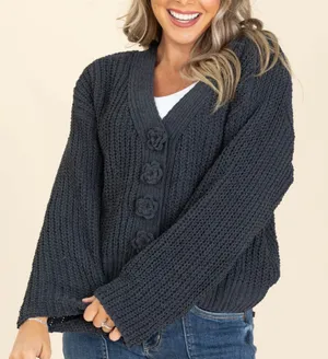 POL Chunky Knit Cardigan Sweater Small Black Flower Button Front Boho Textured thumbnail 1