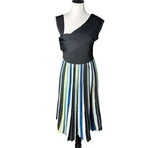 Sachin & Babi Knit Multi Pleat Midi Dress Womens L Black Green Cocktail Flare thumbnail 2
