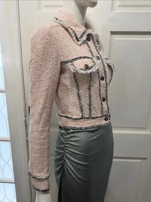 Veronica Beard Cotton Blend Pale Pink Tweed Fringed Blazer with Gray Trim S XS thumbnail 8