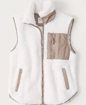 Abercrombie & Fitch White Sherpa Vest with Tan Accents thumbnail 1