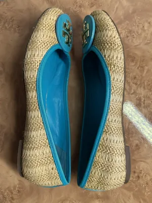 Tory Burch Reva Raffia Ballet Flats Blue Leather Trim Gold Logo Size 7M thumbnail 4