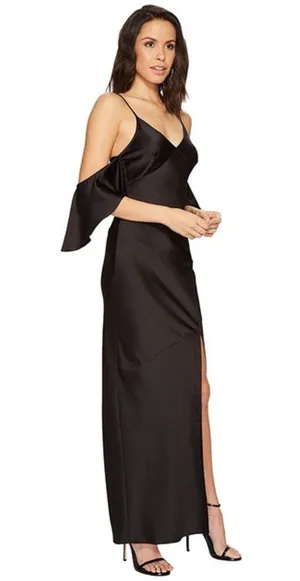 ASTR THE LABEL Kendra Cold Shoulder Satin Maxi Dress, Black, Medium thumbnail 4