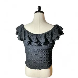 Free People‎ Black Smocked Ruffled Square Neck Crop Top Tank M Fairycore Grunge thumbnail 2