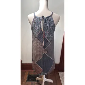 Blue Patchwork Halter Neck Dress Tile Print Sleeveless Summer Sun Dress RN 75343 thumbnail 2