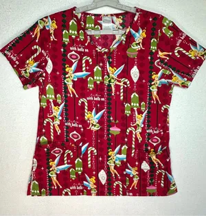 Disney Tinkerbell Holiday Scrub Top S Red Burgundy There With Bells On Christmas thumbnail 1