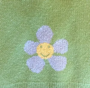 Cropped Smile Flower Vneck Cardigan Sweater Green Blue Yellow Relax Fit M thumbnail 6