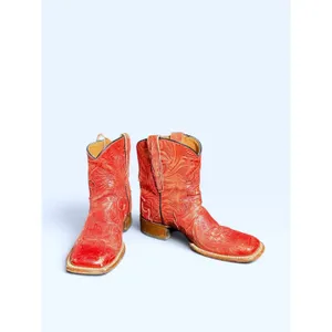 Vintage Dan Post Red Tooled Leather Cowboy Boots Women 7.5 M Square Toe Western thumbnail 3