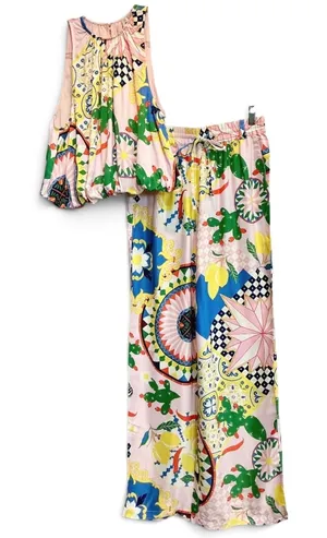 Anthropologie SET Pink Cactus Print Balloon Crop Top Wide‎ Leg Pants Set XS NWT thumbnail 1