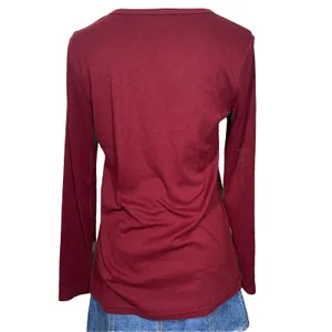 Yidarton V-Neck‎ Top Womens Small Burgundy Long Sleeve Curved Hem Solid Tee thumbnail 4