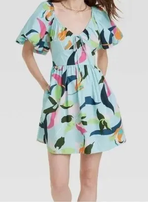 Women's Puff Short Sleeve Dress - A New Day Blue Floral Medium thumbnail 1