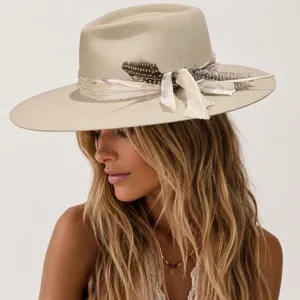 Lovely Bird Montana Fedora Wool Hat Small Cream Feather Boho Chic Western Malibu thumbnail 1