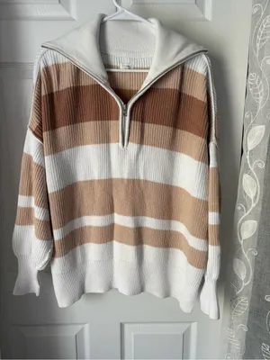 Aerie Beyond Neutral Stripe Knit Oversized Slouchy 1/4 Zip Pullover Sweater S thumbnail 3