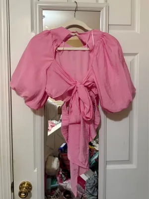Mabel Pink Bubble Sleeves Cutout Blouse thumbnail 4