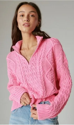 Lucky Brand Women Cotton Sweater Small Pink Cable Knit Quarter Zip Pullover thumbnail 1