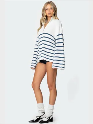 Edikted 1/4 Zip oversized Ribbed Sweater White with Navy Stripes Nautical cotton thumbnail 10