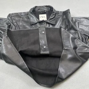 Zara Women Faux Leather Shirt Jacket S Black Shacket Button Up Moto Pockets Rock thumbnail 5
