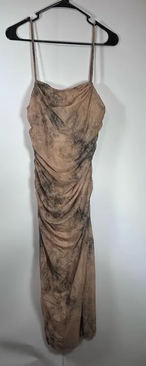 Endless Moon Size M Brown Abstract Mesh Ruched Cowl Neck Maxi Dress thumbnail 1