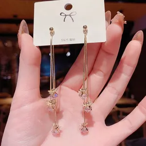 Women's Crystal Flower Long Tassel Dangle Drop Earrings thumbnail 2