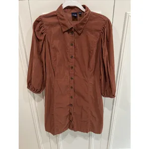 GAP Puff Sleeve Corduroy‎ Mini Dress Size Large Saddle Brown Western Cowgirl thumbnail 3