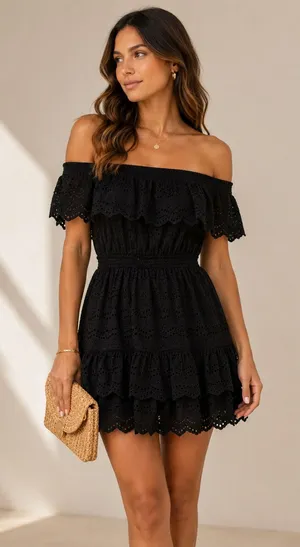 Love Shack Fancy Black Lace Off Shoulder Mini Dress Womens XS Whimsigoth Boho thumbnail 1