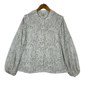 Cabi 4232 Women White Blue Abstract Scribble Ruffle‎ Collar Button Blouse Large thumbnail 1