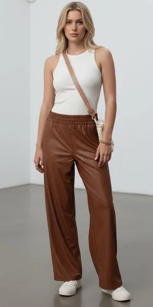 NWT OFFLINE By AERIE Real Luxe Faux Vegan Leather Wide Leg Pants Size L thumbnail 1