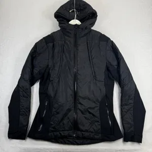 Lululemon Fluff the V Hooded Jacket Black Quilted Puffer Hybrid Full Zip Women L thumbnail 1
