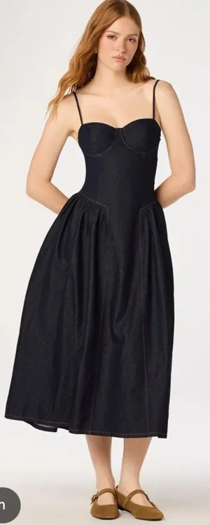 ASTR Margaux The Label Dark Wash Denim Bustier Midi Dress XS Blue NEW thumbnail 1