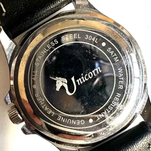 Stainless Steel UNICORN w/ abalone Face Black Leather Band Ladies Watch thumbnail 3