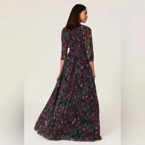 Badgley Mischka Pleated Floral Gown Size‎ 4 Gray Black Burgundy formal wedding thumbnail 12