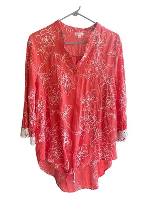 Cabana Cay Swim Cover Up Blouse Women’s XL Floral Embroidery 3/4 Sleeves Cotton thumbnail 1