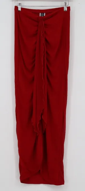 SHEIN BAE Red Ruched Ruffle Front Maxi Skirt Small Mesh Draped Lined thumbnail 1