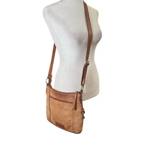 VTG FOSSIL Genuine Leather Brown Crossbody Bag Tan Satchel Zip-Top Key Charm Y2K thumbnail 9