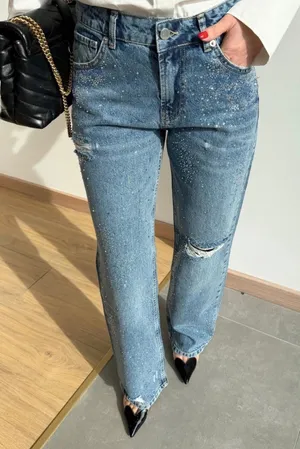 Zara TRF Straight Leg‎ Rhinestone Jeans Blue Size 10 High Rise Distressed thumbnail 1