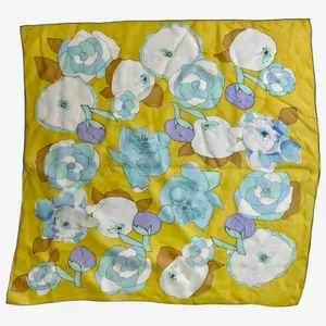 vintage yellow blue white floral scarf square poly chiffon thumbnail 1