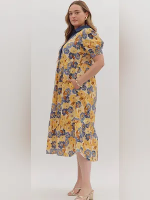 New!Entro Boutique Cotton Yellow Floral Midi Dress Pocket Navy Trim Size 2X thumbnail 3