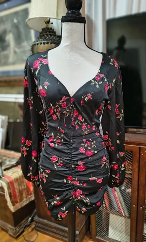 For Love & Lemons Black Floral Ruched Mini Dress with Pink Roses thumbnail 1