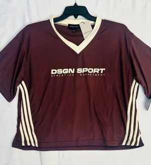Boohoo DSGN SPORT Brown Athletic Football, V-Neck Top with Cream Trim thumbnail 1