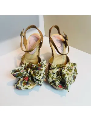 Vintage CROWN women’s wood platform heels "miss america" floral fabric bow Sz 7M thumbnail 13