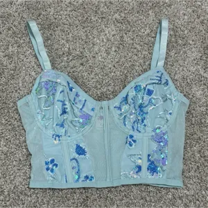 IHeartRaves Aqua Sequin Floral Embroidered Mesh Bustier Crop Top Size XS thumbnail 2